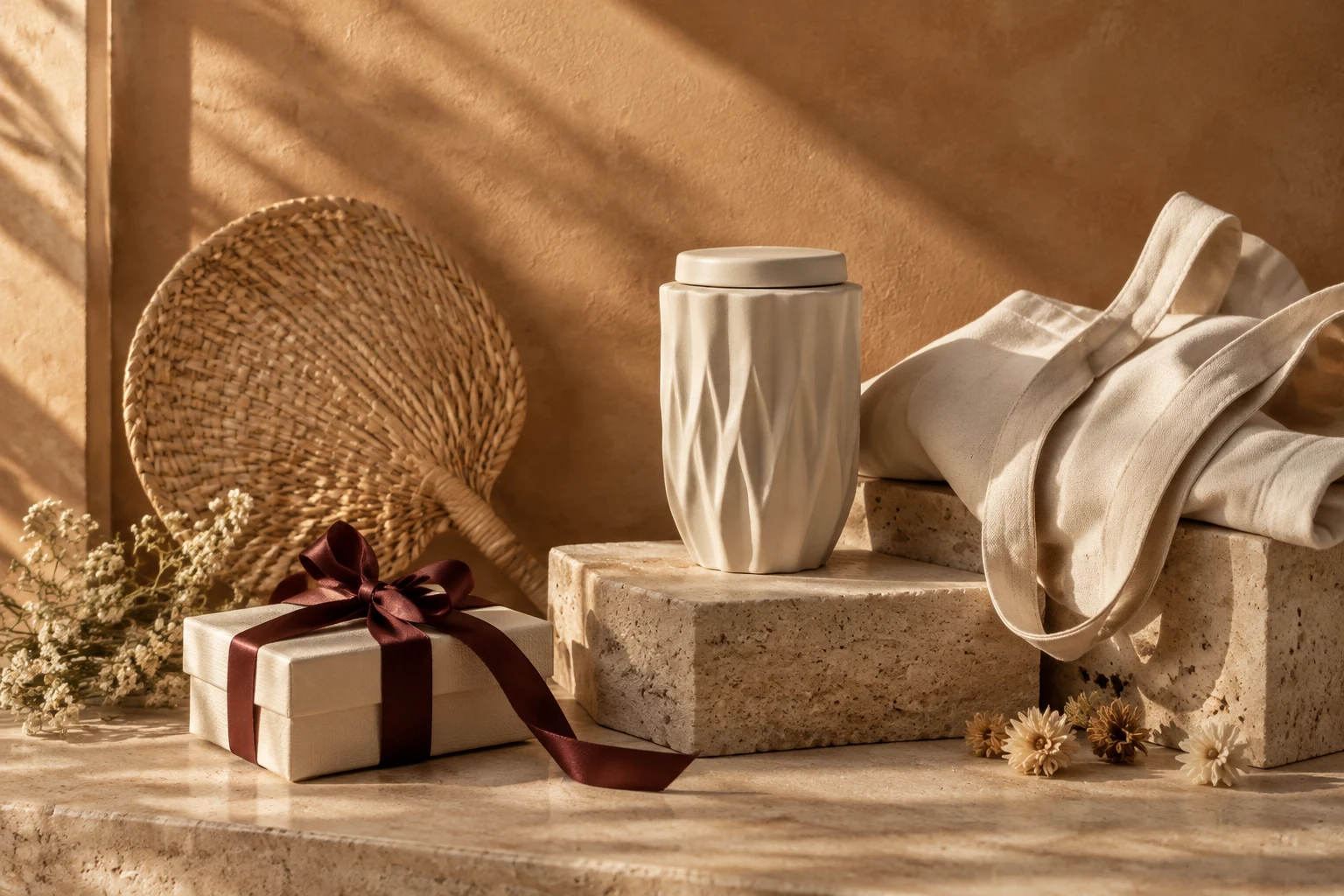 Thoughtful gifts: an ivory tumbler, canvas tote, woven fan, and ribbon-wrapped keepsake